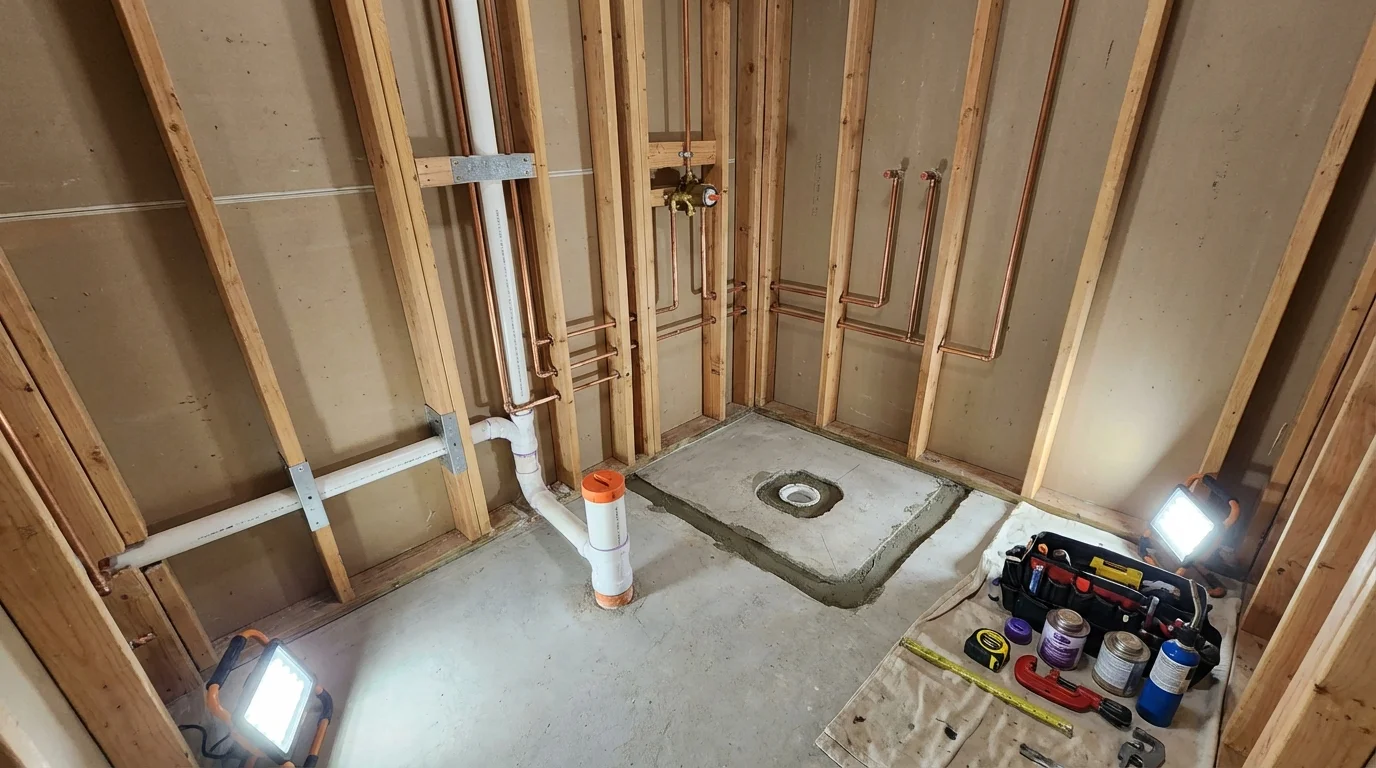 Bathroom rough-in plumbing during remodel by Johns Plumbing LLC in Calcium