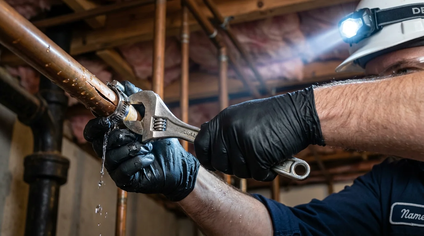 Emergency pipe clamp repair being performed by a Johns Plumbing LLC plumber in Calcium