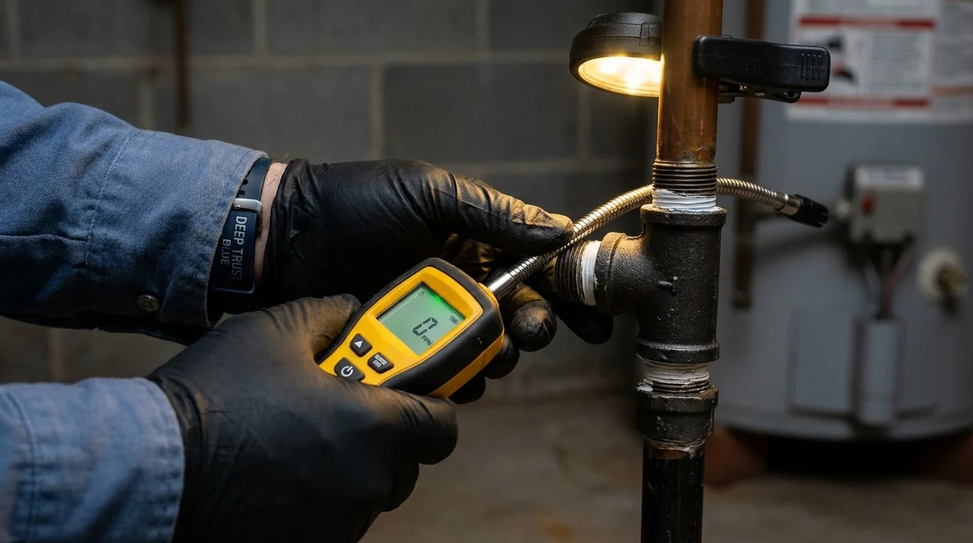 Gas leak detection with electronic sniffer by Johns Plumbing LLC in Calcium
