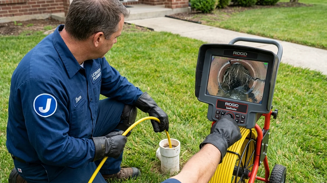 Sewer camera inspection being performed by Johns Plumbing LLC in Calcium