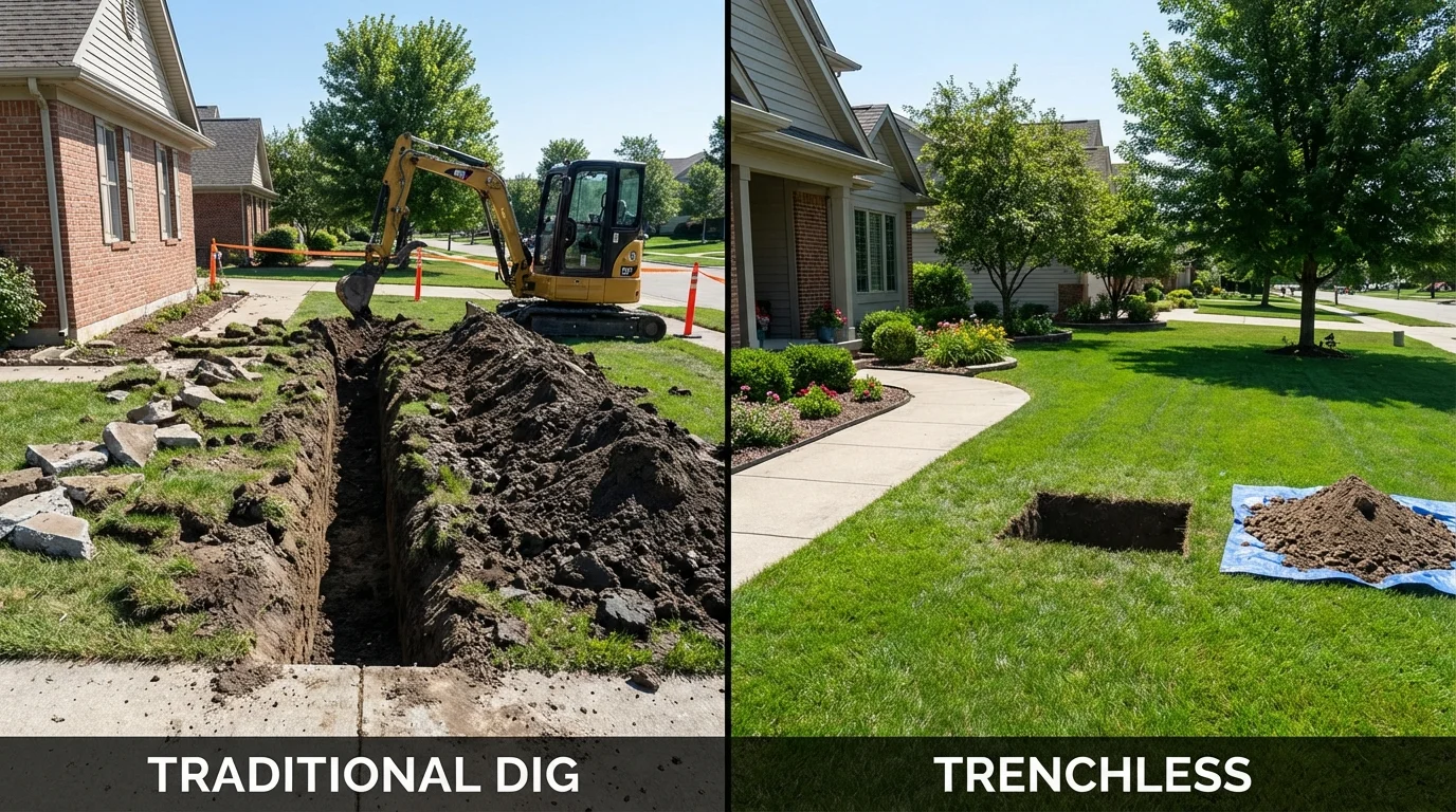 Trenchless sewer repair with minimal yard damage versus traditional excavation in Calcium, NY