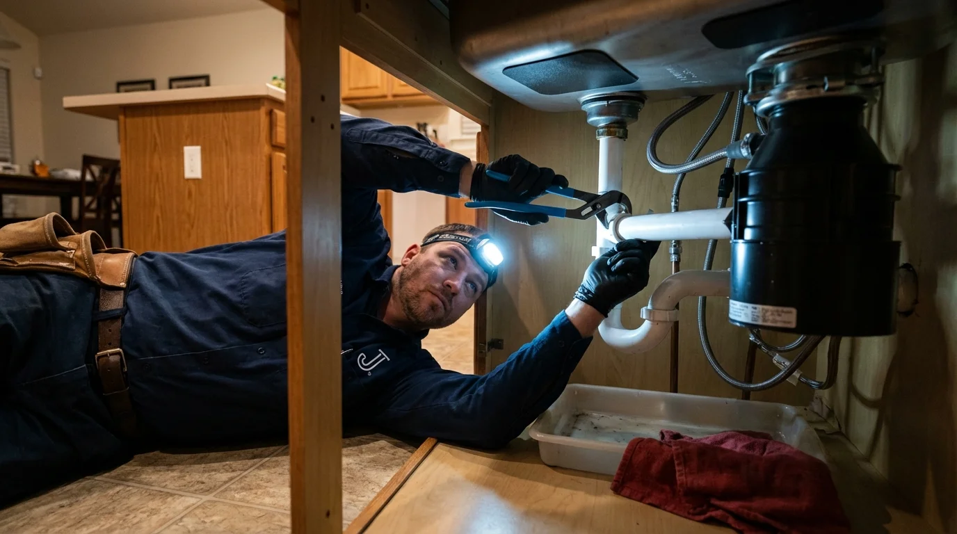 P-trap and supply line connections under a kitchen sink showing a common leak point in Calcium, NY